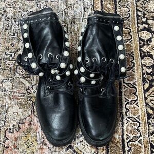 Zara Black Leather Lace-Up Combat Boots with Pearl Studs